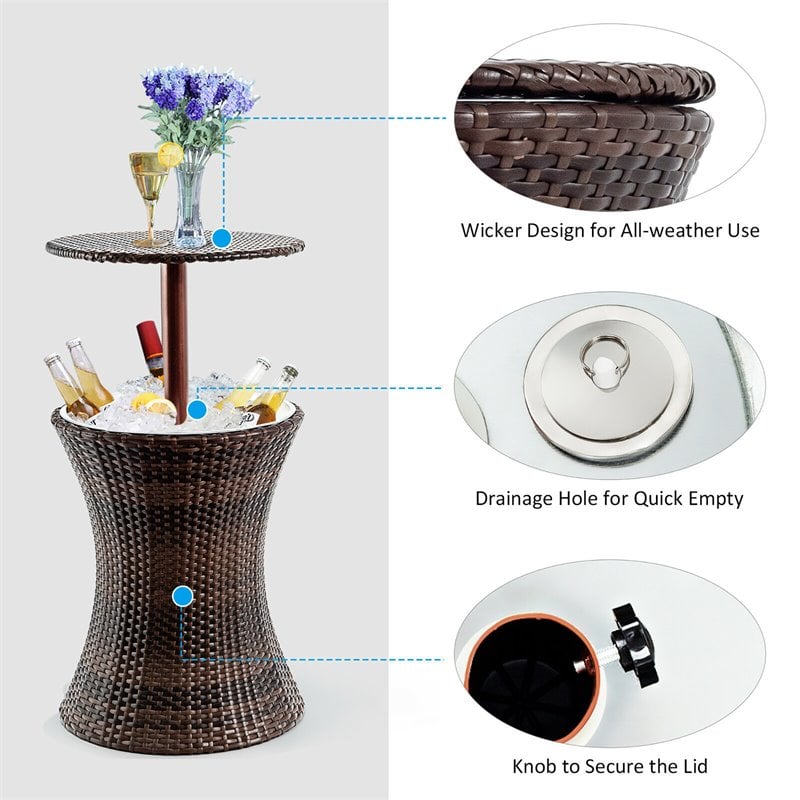Costway Contemporary Iron and Rattan Height Adjustable Cool Bar Table in Brown