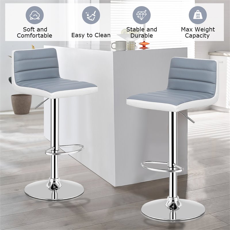 Costway PU Leather Adjustable Bar Stools in Gray/White (Set of 2)
