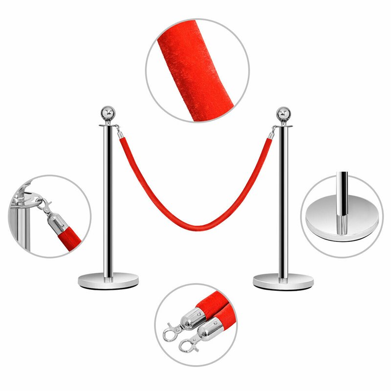 Costway Contemporary Stainless Steel Queue Pole in Silver/Red Velvet (Set of 6)