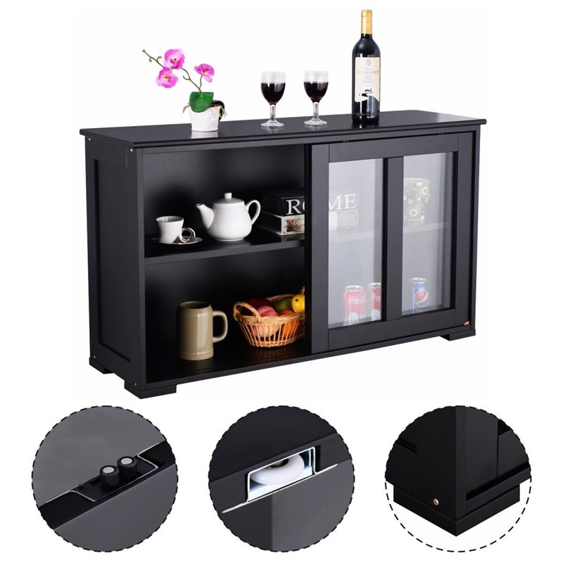 Costway MDF and Glass Kitchen Storage Cabinet with Sliding Door in Black