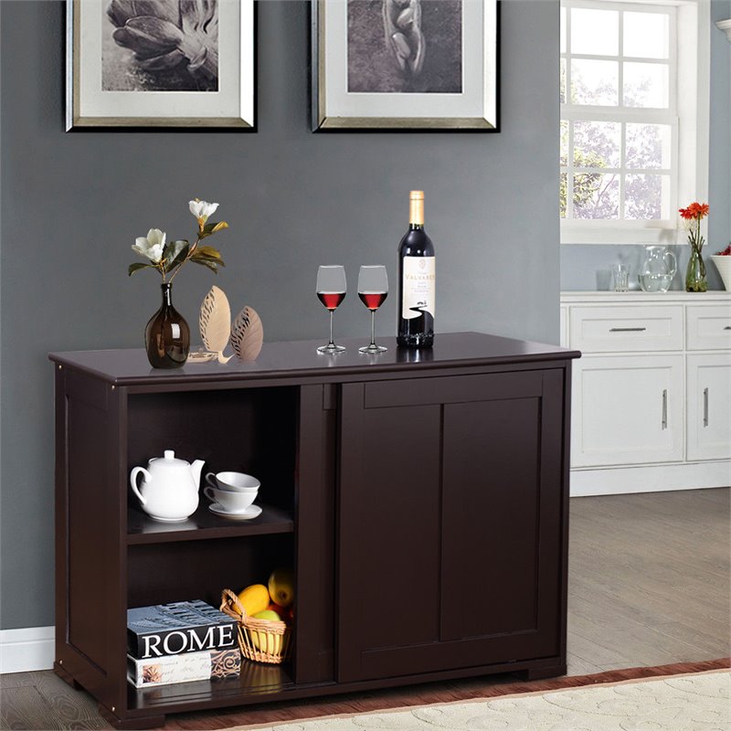 Costway MDF Kitchen Storage Cabinet with Sliding Door in Brown