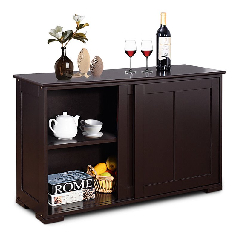 Costway MDF Kitchen Storage Cabinet with Sliding Door in Brown