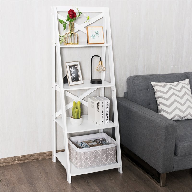 Costway 4-Tier Contemporary MDF Board Multifunctional Ladder Shelf in White
