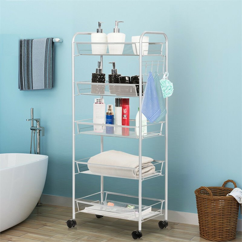 Costway 5-tier Contemporary Steel Mesh Rolling Cart with 4 Wheels in Silver
