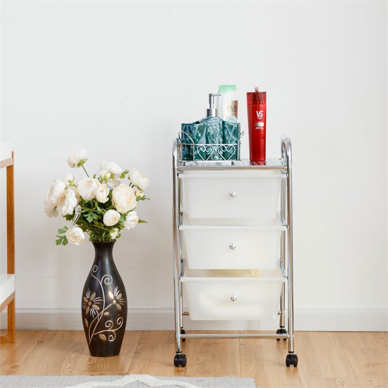 Costway 3-drawer Contemporary PP and Steel Rolling Storage Cart in White