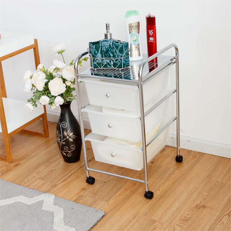 Costway 3-drawer Contemporary PP and Steel Rolling Storage Cart in White