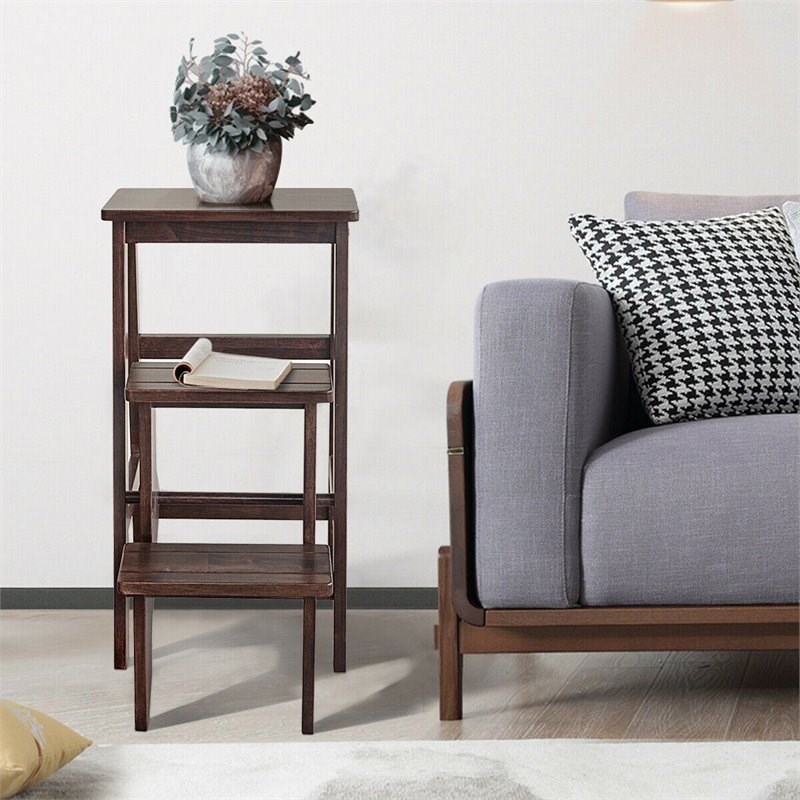 Costway 3-tier Contemporary Pine Wood Multi-function Folding Ladder in Coffee