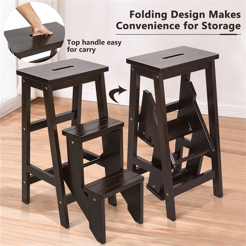 Costway 3-tier Contemporary Pine Wood Multi-function Folding Ladder in Coffee