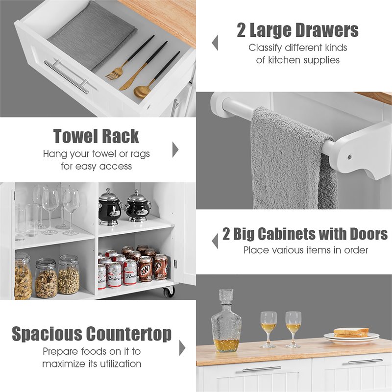 Costway Contemporary MDF and Rubberwood Kitchen Island Cart in White