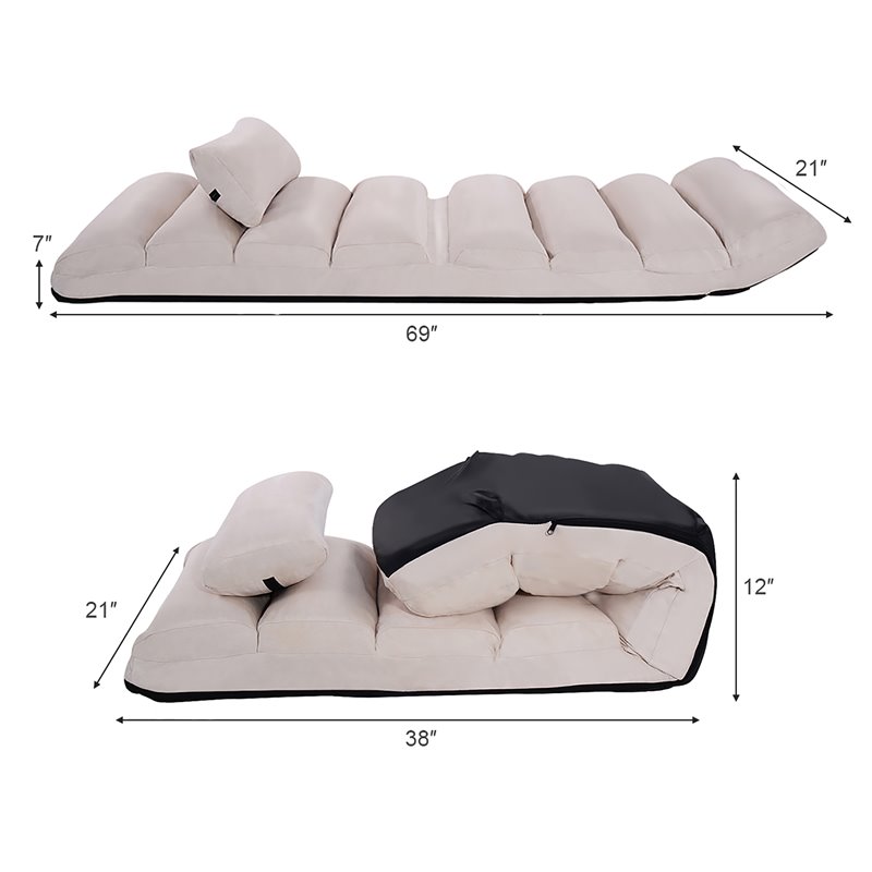 Costway Contemporary Suede Folding Lazy Sofa Chair with Pillow in Beige
