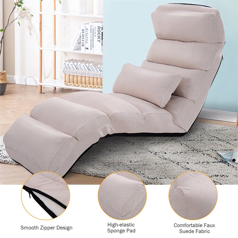 Costway Contemporary Suede Folding Lazy Sofa Chair with Pillow in Beige