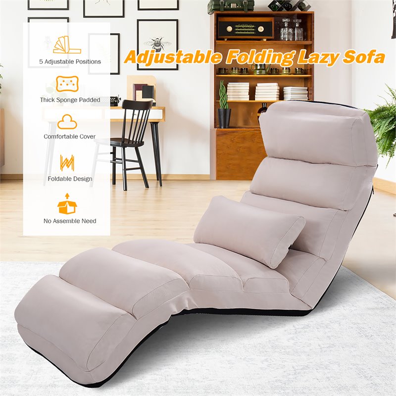 Costway Contemporary Suede Folding Lazy Sofa Chair with Pillow in Beige