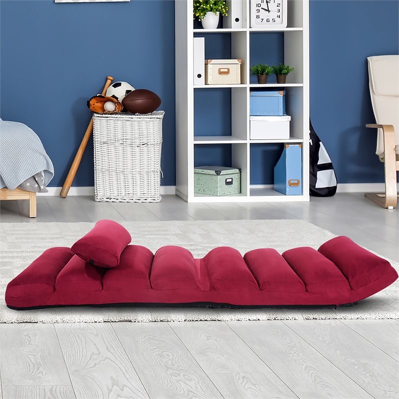 Costway Contemporary Suede Folding Lazy Sofa Chair with Pillow in Red