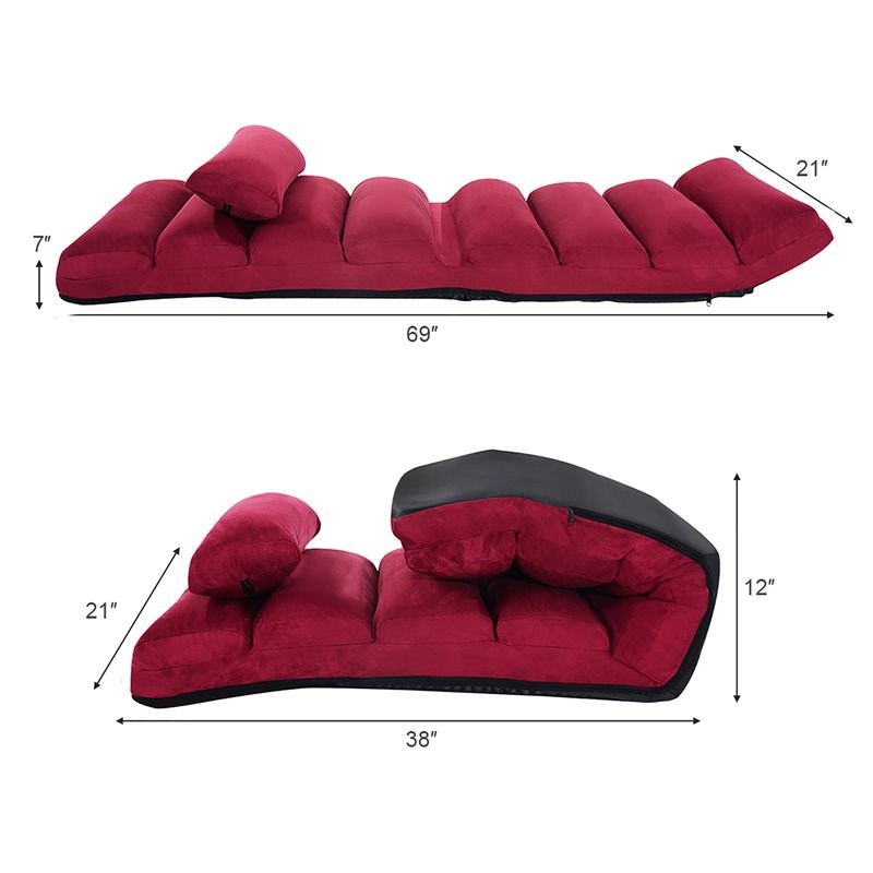 Costway Contemporary Suede Folding Lazy Sofa Chair with Pillow in Red