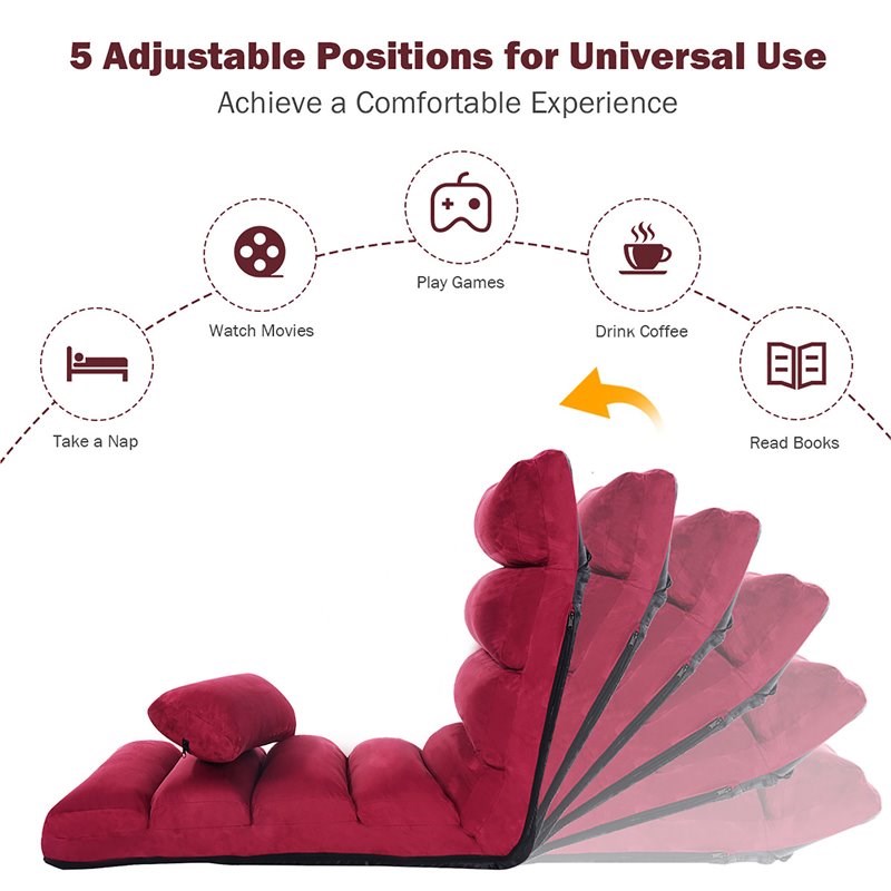 Costway Contemporary Suede Folding Lazy Sofa Chair with Pillow in Red