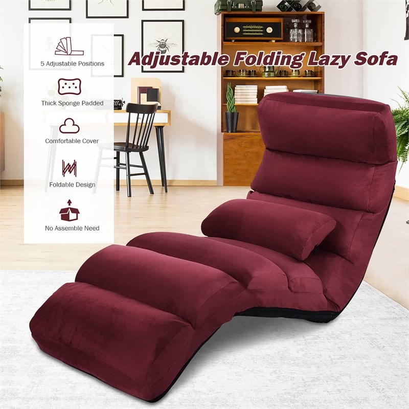 Costway Contemporary Suede Folding Lazy Sofa Chair with Pillow in Red