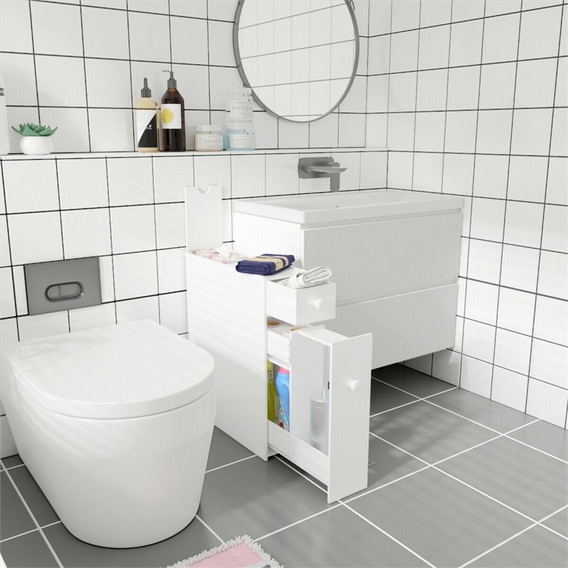 Costway Contemporary MDF Bathroom Floor Cabinet with 2 Built-in Shelves in White