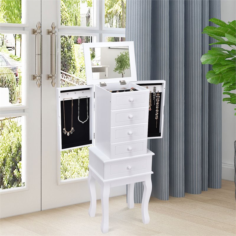 Costway MDF and Wood Sturdy Wood Jewelry Cabinet with 5 Drawers in White
