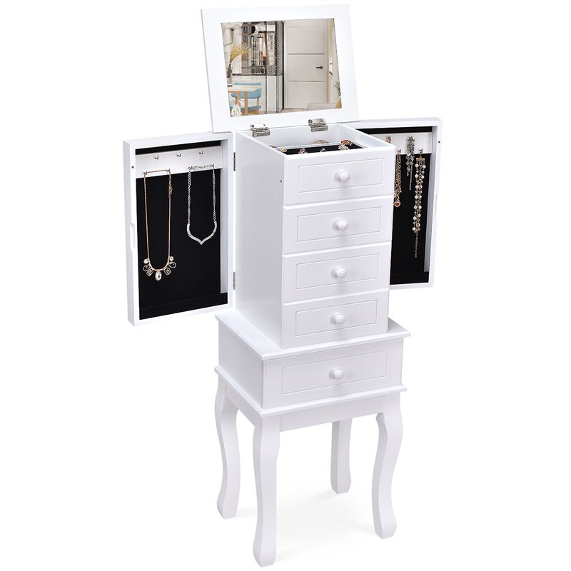 Costway MDF and Wood Sturdy Wood Jewelry Cabinet with 5 Drawers in White
