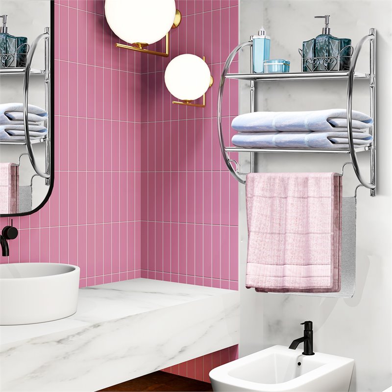 Costway 2-tier Contemporary Iron Wall Mount Bathroom Shelf in Silver