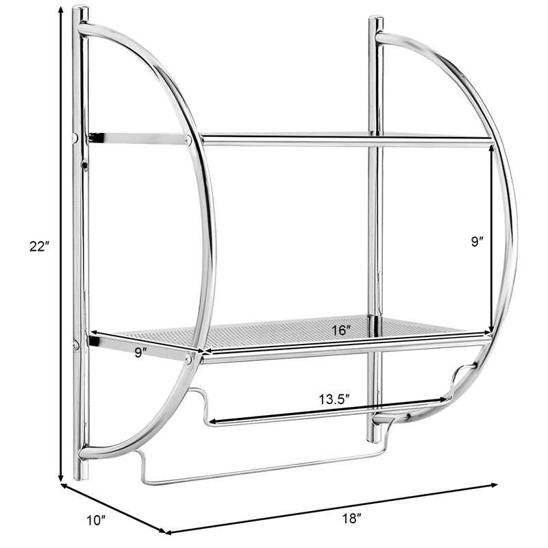 Costway 2-tier Contemporary Iron Wall Mount Bathroom Shelf in Silver