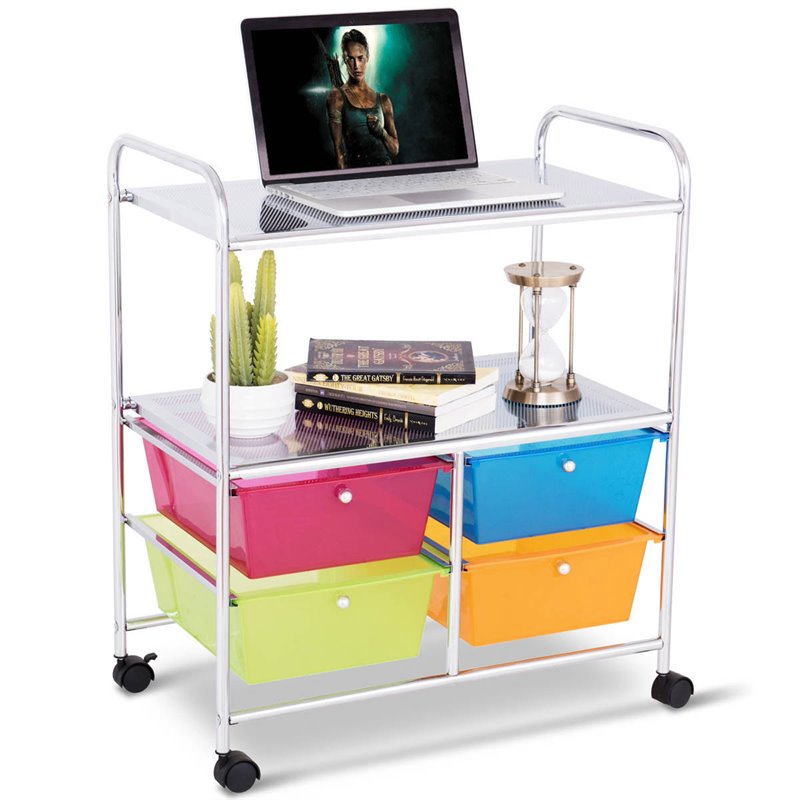 Costway 4-drawer Steel Rolling Storage Cart with 2-tier Shelf in Multi-Color