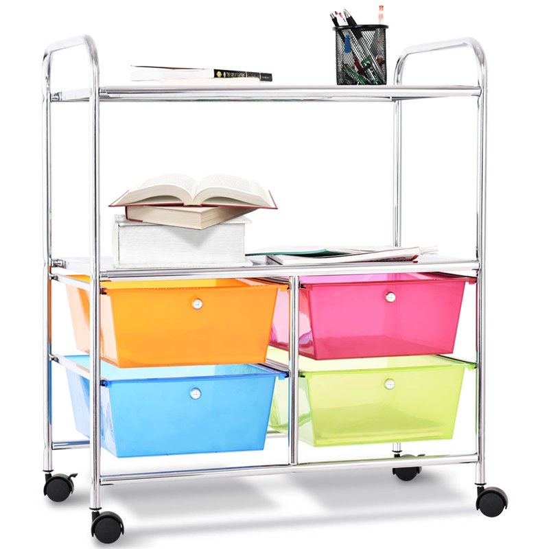 Costway 4-drawer Steel Rolling Storage Cart with 2-tier Shelf in Multi-Color