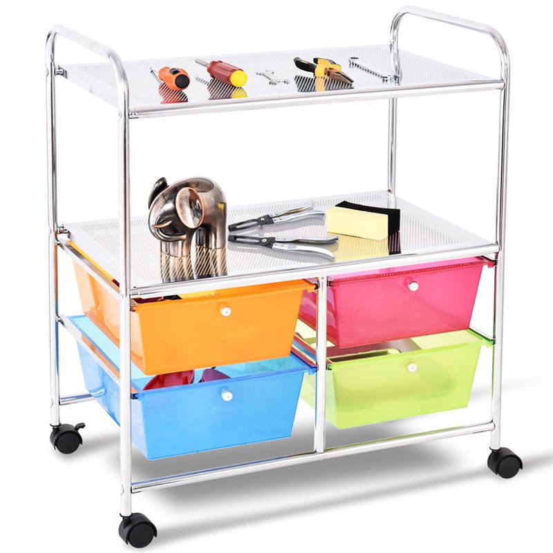 Costway 4-drawer Steel Rolling Storage Cart with 2-tier Shelf in Multi-Color