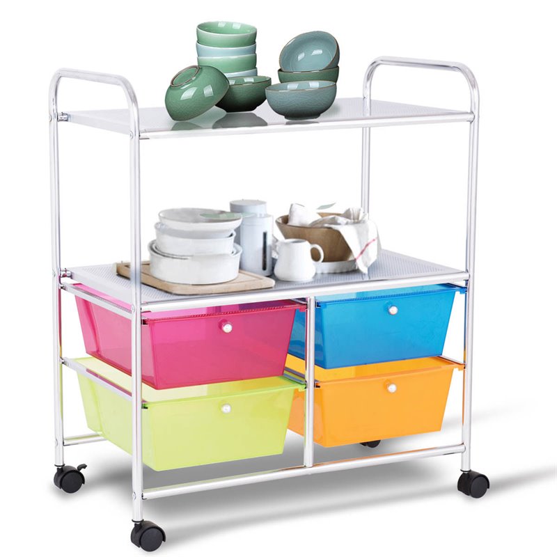 Costway 4-drawer Steel Rolling Storage Cart with 2-tier Shelf in Multi-Color