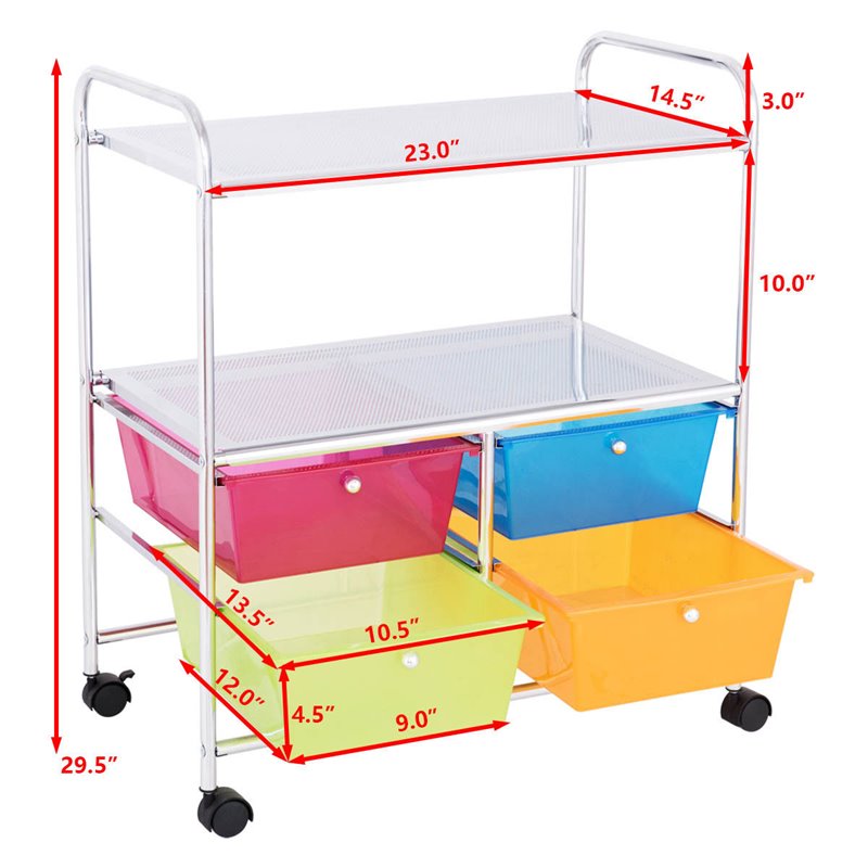 Costway 4-drawer Steel Rolling Storage Cart with 2-tier Shelf in Multi-Color