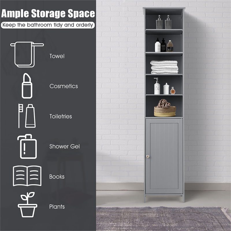 Costway 72'' Contemporary MDF Bathroom Cabinet with 5 Shelves in Gray
