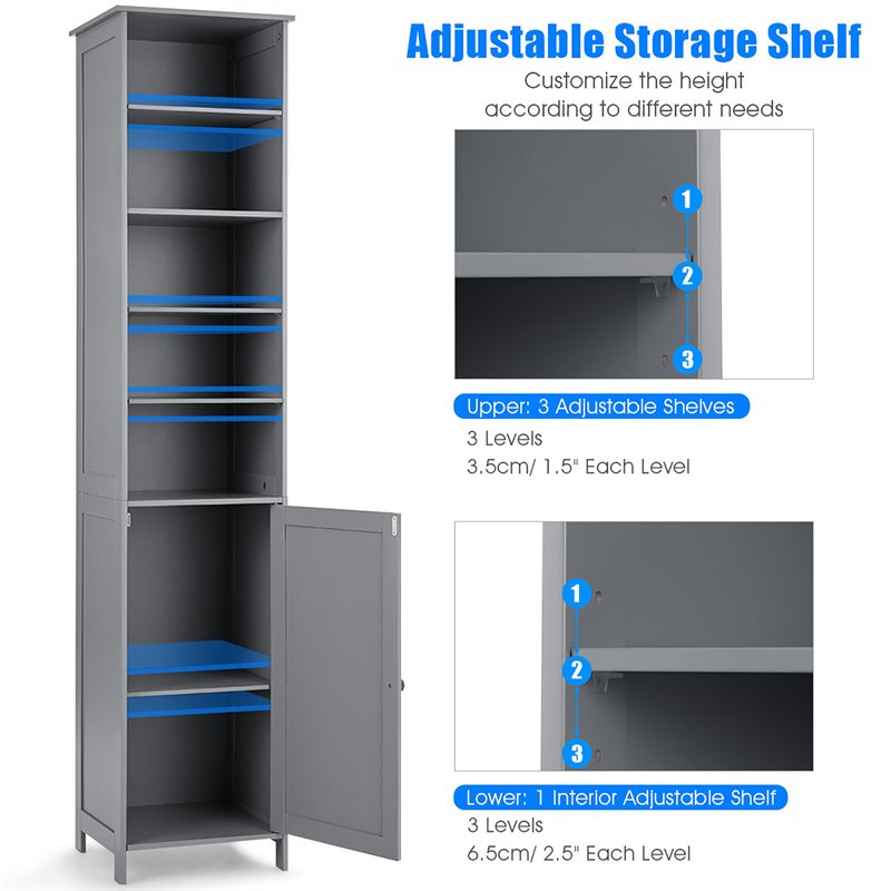 Costway 72'' Contemporary MDF Bathroom Cabinet with 5 Shelves in Gray