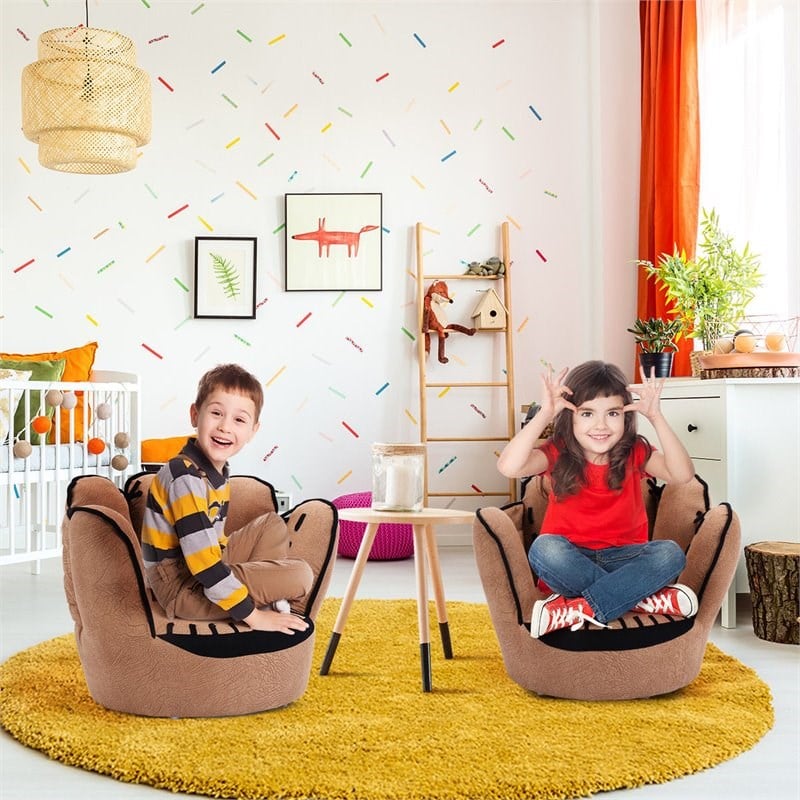 Costway Baseball Glove Shaped Faux Leather Kids Armrest Chairs in Brown