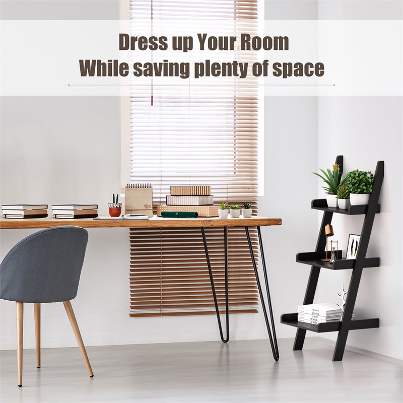 Costway 3-tier Contemporary MDF Leaning Rack Wall Ladder Book Shelf in Black