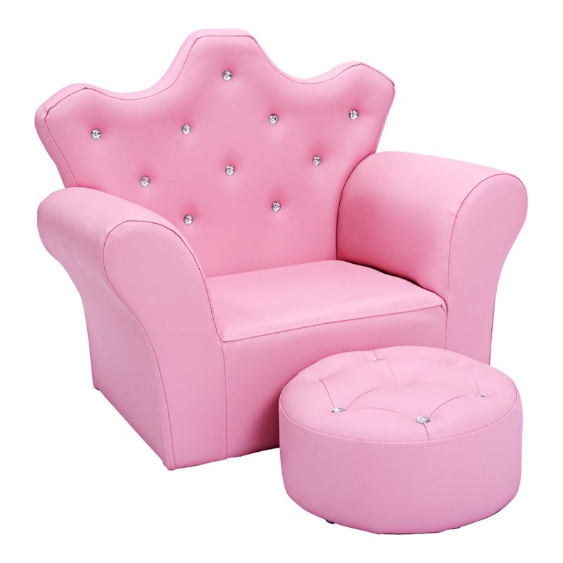 Costway Contemporary Polyurethane Kids Sofa with Ottoman in Pink