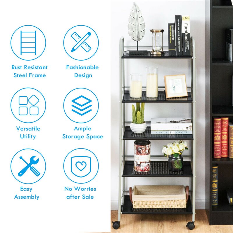 Costway 5-tier Steel Garage Kitchen Storage Cart Rack in White/Black
