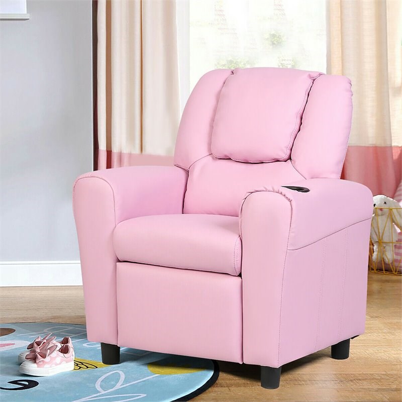 Costway Polyurethane Kids Recliner with Cup Holder in Pink Finish