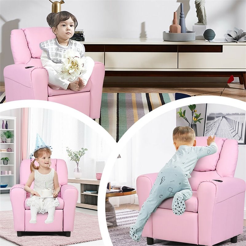 Costway Polyurethane Kids Recliner with Cup Holder in Pink Finish
