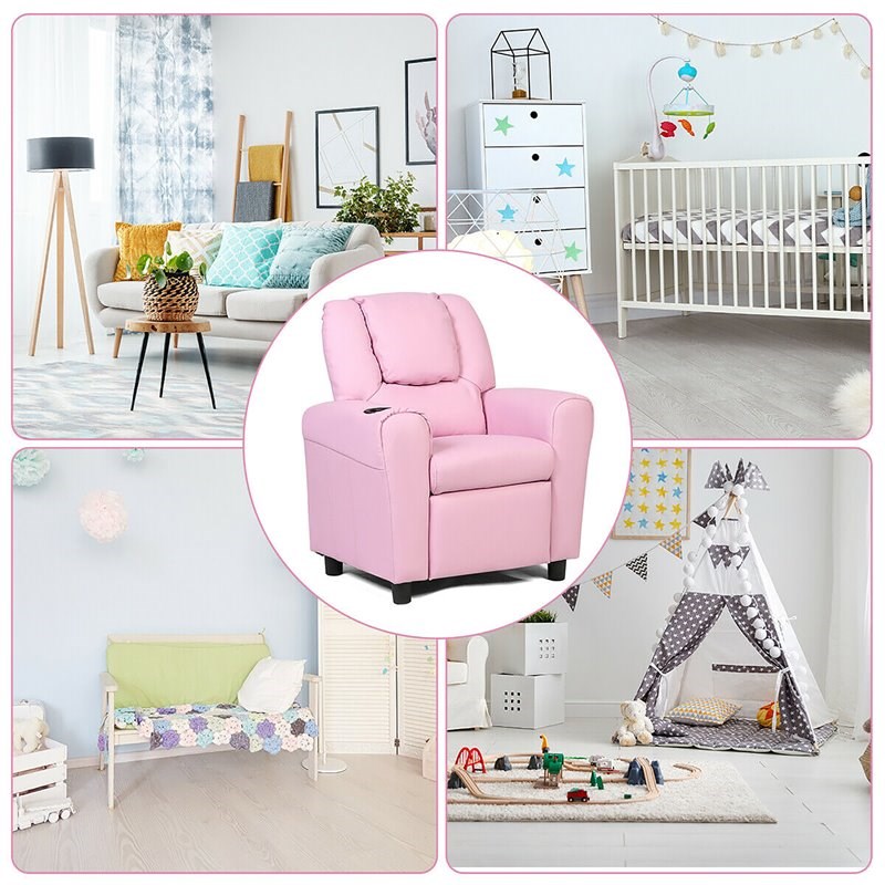 Costway Polyurethane Kids Recliner with Cup Holder in Pink Finish