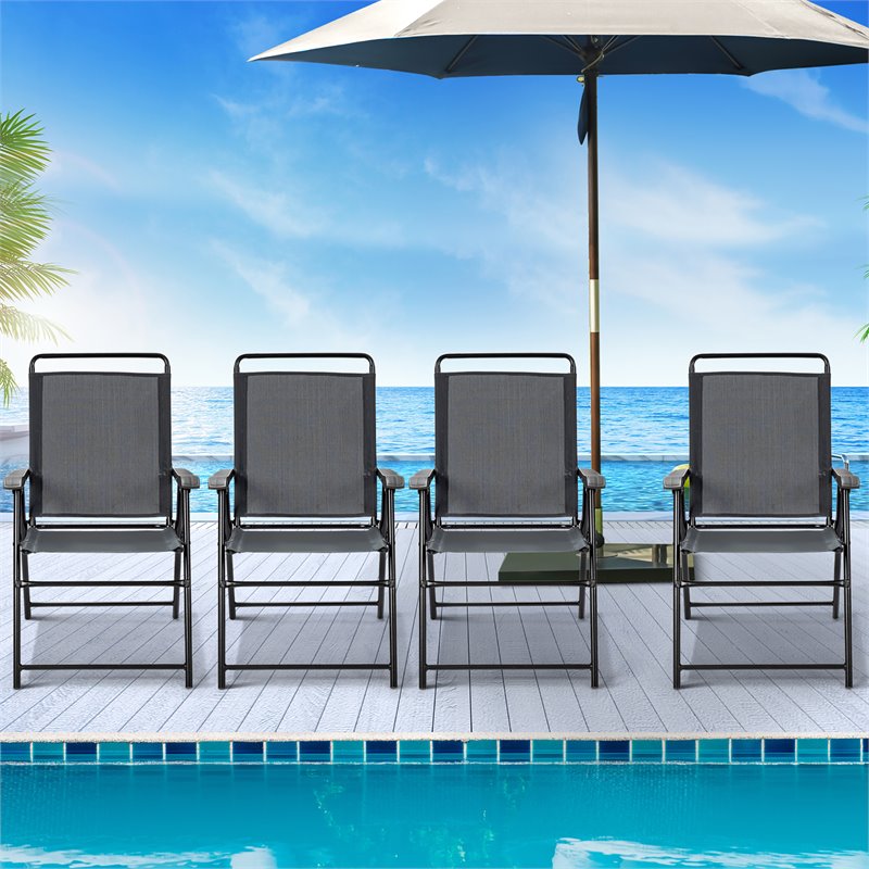 Costway Iron and Fabric Patio Folding Chair with Armrest in Gray (Set of 4)