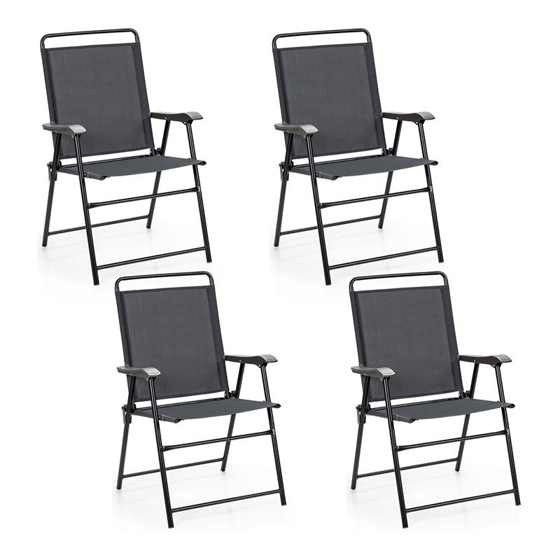 Costway Iron and Fabric Patio Folding Chair with Armrest in Gray (Set of 4)