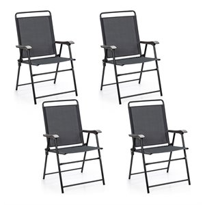 Costway Iron and Fabric Patio Folding Chair with Armrest in Gray (Set of 4)