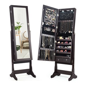 Costway Contemporary MDF Jewelry Cabinet with LED Lights in Brown