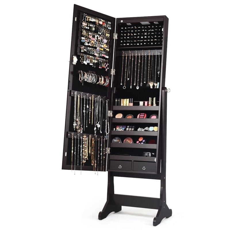 Costway Contemporary MDF Jewelry Cabinet with LED Lights in Brown