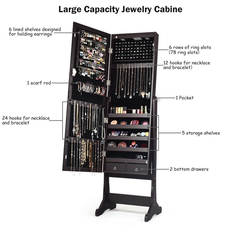 Costway Contemporary MDF Jewelry Cabinet with LED Lights in Brown