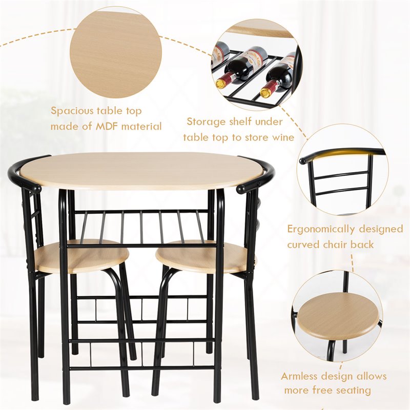Costway 3-piece MDF and Steel Dining Set with Table and 2 Chairs in Natural