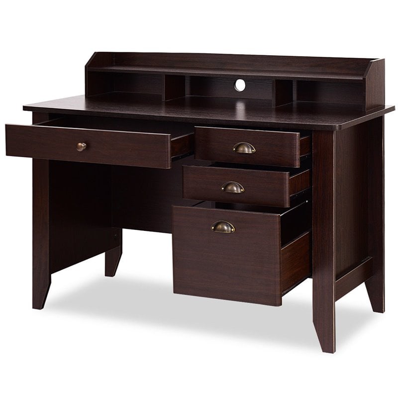 Costway Contemporary MDF Computer Desk with 3 Side Drawers in Brown