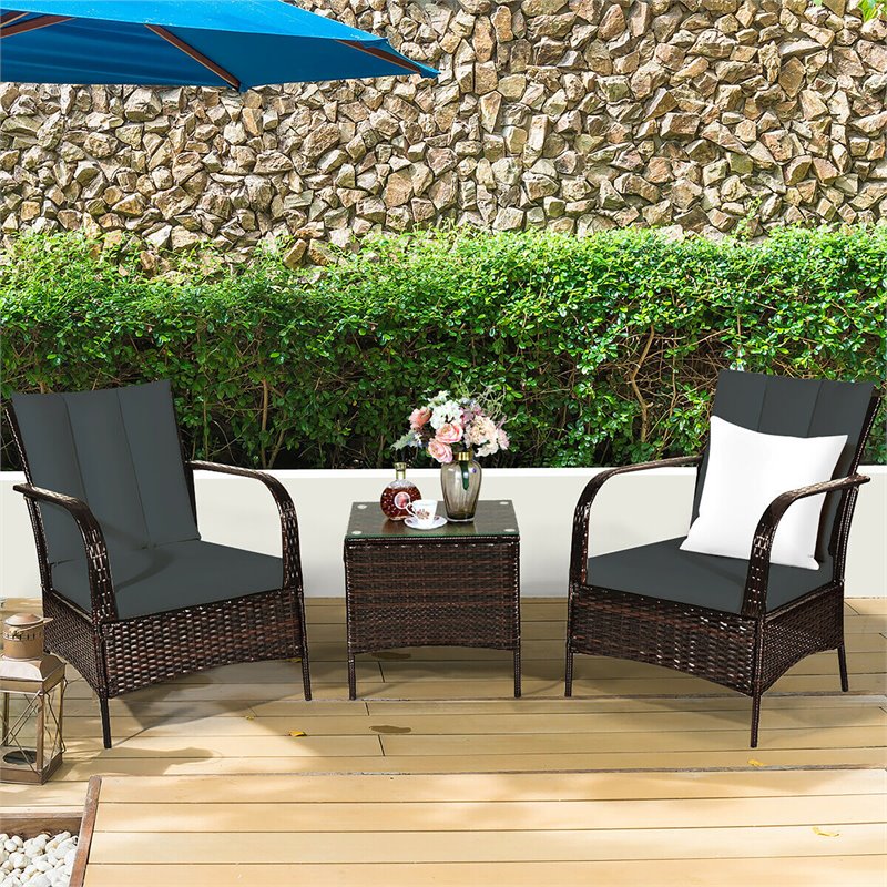 Costway 3-piece Contemporary Rattan and Steel Patio Bistro Set in Brown/Gray