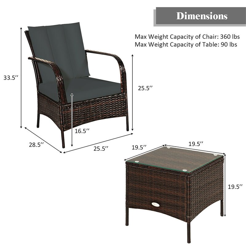 Costway 3-piece Contemporary Rattan and Steel Patio Bistro Set in Brown/Gray