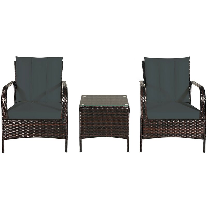 Costway 3-piece Contemporary Rattan and Steel Patio Bistro Set in Brown/Gray